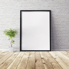 White poster on floor with blank frame mockup for you design. Layout mockup.
