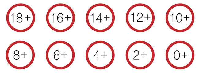 Set of adult icon Over 0 to 18 years old black and red colors thin line. Set of adult icons Over 0+ to 18+ years old black