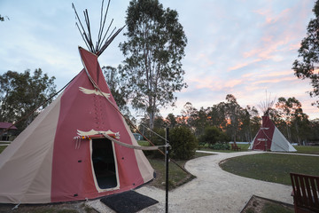 Tipi camp ground at sunrise 