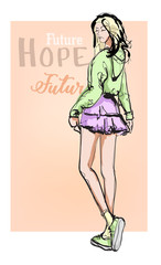 Beautiful young stylish woman in casual clothes.  Girl in a pink skirt and a green hoodie. Fashion girl. Beautiful fashion model posing. Vector illustration.