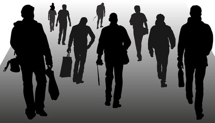 Vector silhouettes of people walking forward, men, back view, crowd of pedestrians, in warm clothes, summer, different time of the year. Sumy buyers, tourists with cameras, businessmen with briefcase.