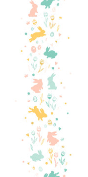 Cute hand drawn Easter horizontal seamless pattern with bunnies, flowers, easter eggs, beautiful background, great for Easter Cards, banner, textiles, wallpapers - vector design