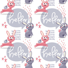 Seamless cute vector pattern with hares with wings, graphic elements, speech bubble