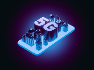 Creative background with smartphone, city and 5G network, high-speed mobile Internet, new generation networks. 3d illustration.