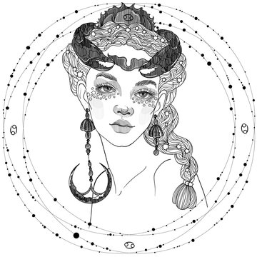  black and white  coloring beautiful girl cancer crab zodiac sign sea goddess 