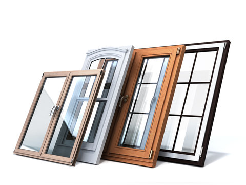 Fototapeta Different tipes of window sale promotion background 3d render on white