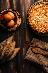 spanish potato omelet called tortilla de patata. Wooden background. Homemade