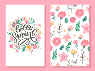 Hello Spring Flowers Text Background letterung slogan
