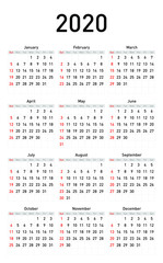 2020 calendar in simple style on a white background