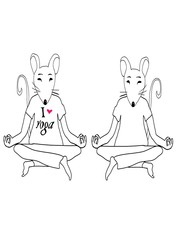 Set of yoga mice on a white background - Fantasy character. Symbol of 2020. Outline drawing of a yoga mouse (rat), coloring page. Seamless pattern for printing on fabric, wrapping paper, postcard