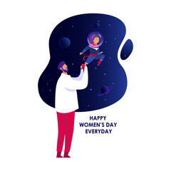 Naklejka premium Feminism Motivation.Little girl dream of becoming Powerfull Supergirl Astronaut,Father Support her.Woman Empowerment.Free happy Cosmonaut in Space