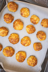 Baked cutlets (meatballs) on a baking sheet close-up. The concept of homemade food, cooking.