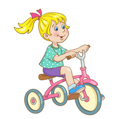 Fototapeta na wymiar Little cute girl riding a tricycle. In cartoon style. Isolated on white background. Vector illustration.