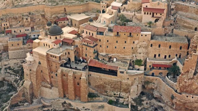 Mara Saba monastery in the southern mountains of Israel, 4k aerial drone view