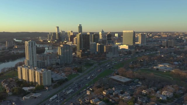 Austin, Texas Skyline with I-35 Traffic at Golden Hour - Aerial View