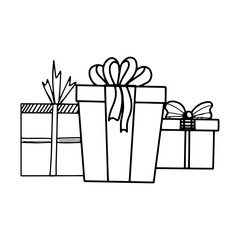 Coloring book page with presents. Festive minimalistic doodle style illustration with gift boxes. Monochrome, minimalism. For greetings, cards, t-shirts, birthdays, parties.