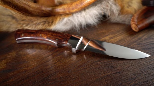 Unique Hunting Knife on Wood - Tracking Shot