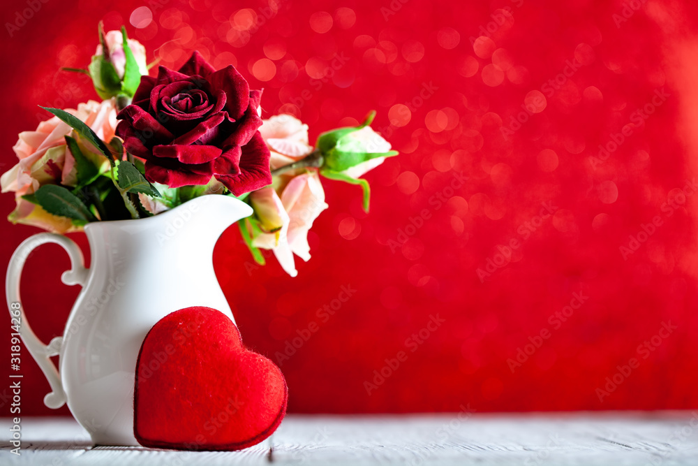 Wall mural greeting card with flowers and heart. background with copy space. selective focus.