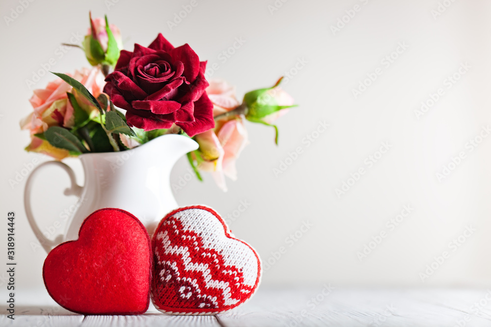 Wall mural greeting card with flowers and heart. background with copy space. selective focus.