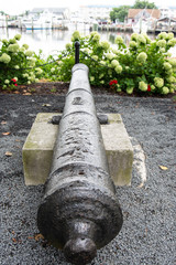 Vertical view of historic cannon at 1812 Memorial Park in Lewes Delaware with canal in background