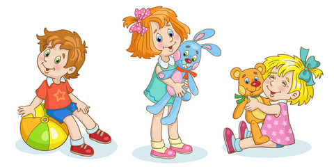 Kids are playing. A little boy and two cute girls with their favorite toys.  In cartoon style. Isolated on white background. Vector illustration.