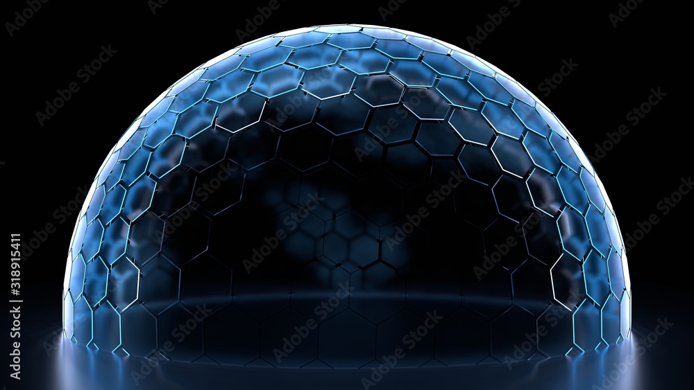Poster 3d rendering of hexagon grid sphere nano shield with glowing edge color on reflection floor and dim 