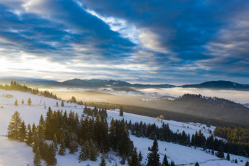 Drone view of magic winter landscape. Holiday, travel concept.
