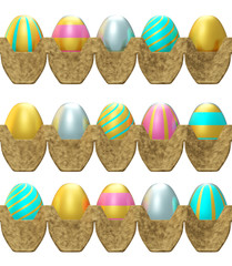 Set of 3 borders with decorated Easter eggs in gold, silver, blue and pink in a beige cardboard pallet on a white background. 3D illustration with symbols of the spring Christian holiday, isolate. D
