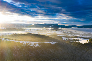 Drone view of magic winter landscape. Holiday, travel concept.