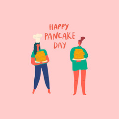 Stylized girls with ready-made pancakes. Hand drawn people and text
