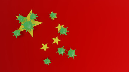 coronavirus concept, 3d illustration of red virus on China flag, virus in china