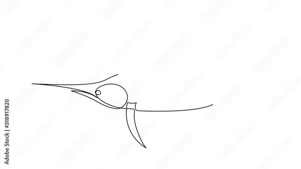 Poster self drawing simple animation of single continuous one line drawing of sailfish. drawing by hand, bl