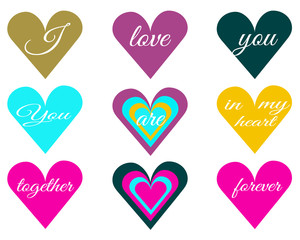 Set heart and romantic lettering. Festive banner for Valentine's Day, wedding, birthday. Vector illustration for design cards, background, packaging.