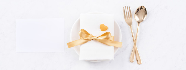 Valentine's Day meal design concept - Romantic plate dish set isolated on marble white background for restaurant holiday celebration promo, top view, flat lay.