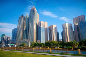 Fototapeta na wymiar Skyscrappers in the downtown city of Abu Dhabi, United Arab Emirates.