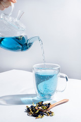A female hand pours blue tea from a glass teapot into a mug. Butterfly pea flower tea is brewed in...
