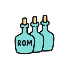 Bottles of rum, alcohol, drink container flat color line icon.