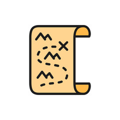 Pirate map, treasure location with cross flat color line icon.