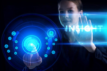 Business, Technology, Internet and network concept. Young businessman working on a virtual screen of the future and sees the inscription: Insight