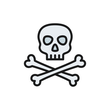 Pirate skull with crossbones flat color line icon.