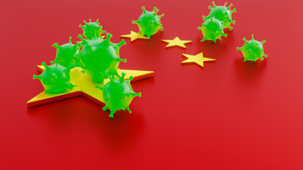 coronavirus concept, 3d illustration of red virus on China flag, virus in china