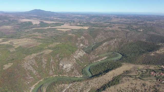 Plain area of river Timok meander 4K aerial footage