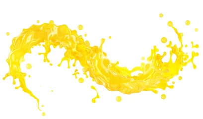 Poster Sweet fresh yellow fruit juice smoothie 3D splash. Fruits juice splashing: orange, mango, lemon, citrus, pineapple, peach, banana, tangerine juice in wave form isolated. Healthy juice drink ad design © Corona Borealis