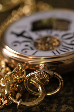 The clockhead of the old gold pocket watch.