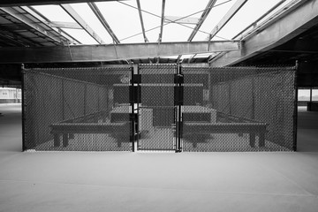 Industrial garage interior with snow weather background. Garage roof with power generators. 