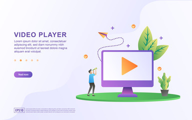 Video player flat design concept. People play videos. Watch live broadcasts. Watch the tutorial video. Can use for web landing page, marketing material, mobile app, web banner. Vector Illustration