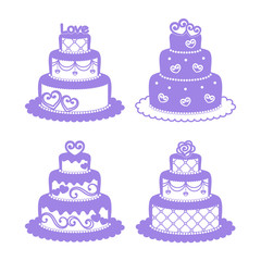 Set of wedding cakes with openwork decor. Decorative elements for festive design, wedding, holiday greeting card, wedding pastry shop