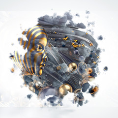 Beautiful abstract collage, background with 3d elements and clouds. 3d illustration, 3d rendering.