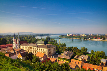 Fototapeta na wymiar View of the historic town from the Esztergom basilica in Hungary. The Danube river and the border bridge to the town of Sturovo in Slovakia.
