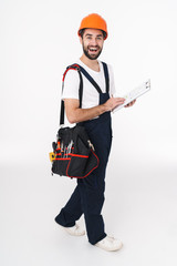 Young man holding bag with equipment instruments.